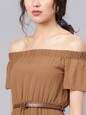 Brown Off Shoulder High Low Belted Pleated Dress 5