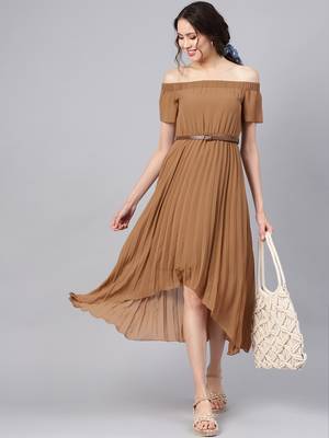 Brown Off Shoulder High Low Belted Pleated Dress 6