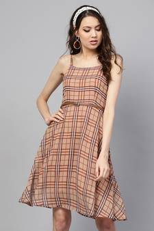 Brown Check Strappy Flared Dress