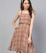 Brown Check Strappy Flared Dress