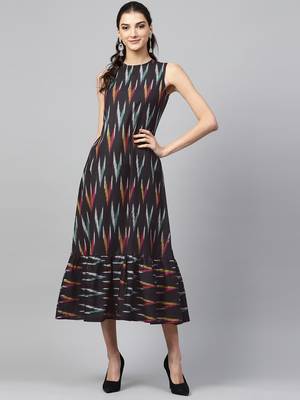 Black ikat sleeveless Frill Hem Dress 1