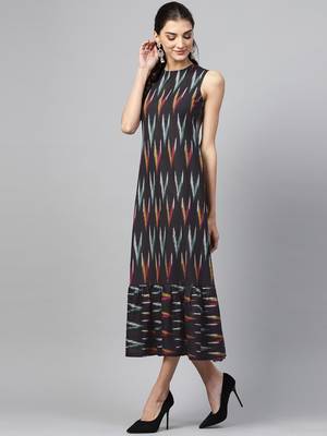 Black ikat sleeveless Frill Hem Dress 2