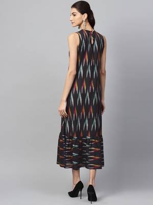 Black ikat sleeveless Frill Hem Dress 3