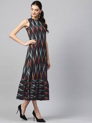 Black ikat sleeveless Frill Hem Dress 4