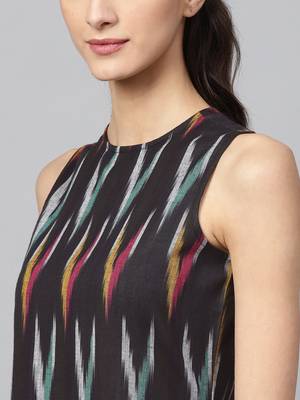 Black ikat sleeveless Frill Hem Dress 5