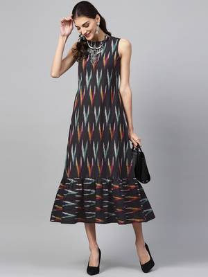 Black ikat sleeveless Frill Hem Dress 6