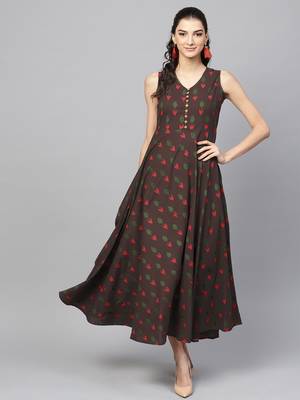 Brown ikat sleeveless Flared Maxi 1