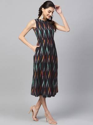 Black ikat Box Pleat sleeveless Dress 4