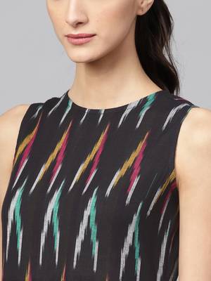 Black ikat Box Pleat sleeveless Dress 5