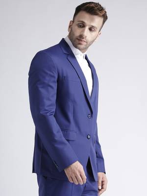 Blue Plain Viscose Stitched Men Blazers 2