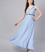 Blue Notched Collar Belted Maxi