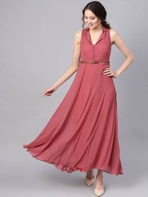 Rose Pink Notched Collar Belted Maxi 1