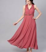 Rose Pink Notched Collar Belted Maxi