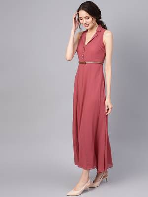 Rose Pink Notched Collar Belted Maxi 2