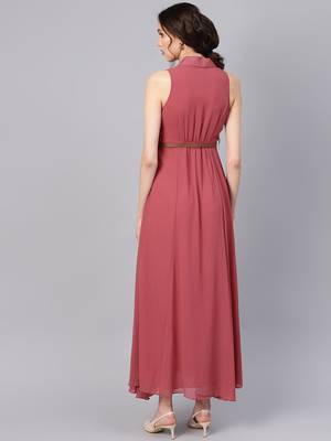 Rose Pink Notched Collar Belted Maxi 3
