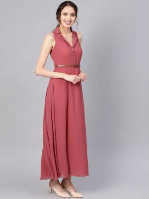 Rose Pink Notched Collar Belted Maxi 4