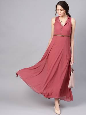 Rose Pink Notched Collar Belted Maxi 6