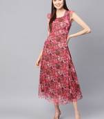 Pink Rose floral_print Front Ruffles Maxi
