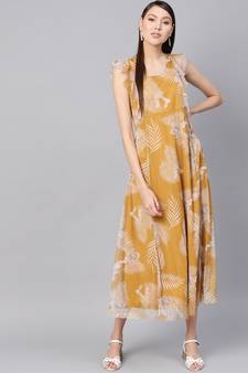 Mustard floral_print Front Ruffles Maxi