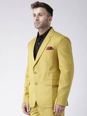 Yellow Plain Viscose Stitched Men Blazers 2