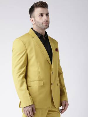 Yellow Plain Viscose Stitched Men Blazers 3