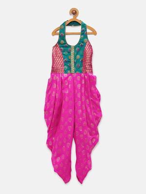 Pink printed brocade kids-frocks 1