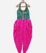 Turquoise printed brocade kids-frocks