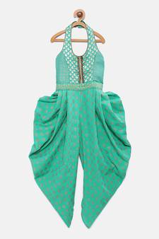 Turquoise printed brocade kids-frocks