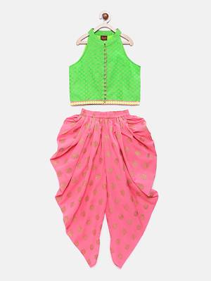 Green printed jacquard top with dhoti for girls 1