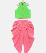 Green printed jacquard top with dhoti for girls