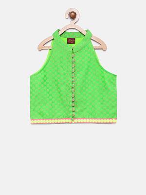 Green printed jacquard top with dhoti for girls 2