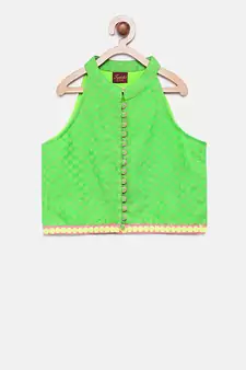 Green printed jacquard top with dhoti for girls
