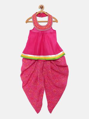 Pink printed chanderi kids-tops 1