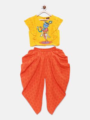 Yellow printed cotton top with dhoti for girls 1