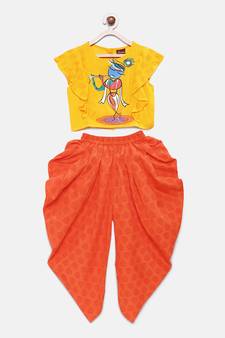 Yellow printed cotton top with dhoti for girls