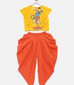Yellow printed cotton top with dhoti for girls