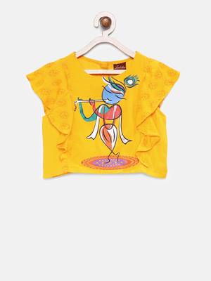 Yellow printed cotton top with dhoti for girls 2