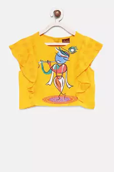 Yellow printed cotton top with dhoti for girls