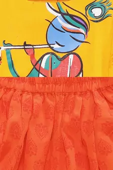Yellow printed cotton top with dhoti for girls