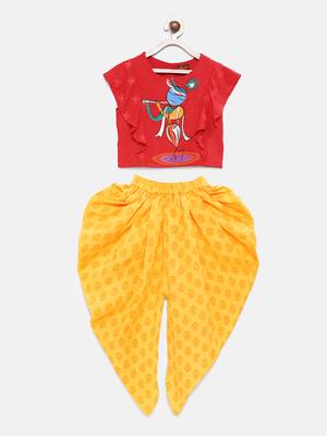 Red printed cotton top with dhoti for girls 1