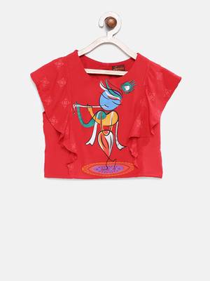 Red printed cotton top with dhoti for girls 2