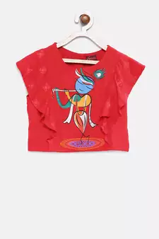 Red printed cotton top with dhoti for girls