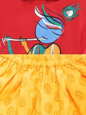 Red printed cotton top with dhoti for girls 4