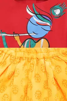 Red printed cotton top with dhoti for girls
