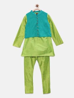 Green woven brocade boys-kurta-pyjama 1