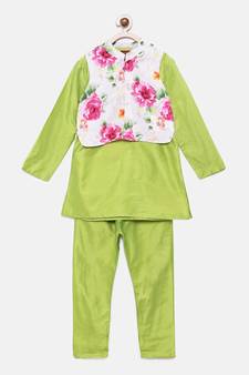 Green woven polyester boys-kurta-pyjama