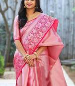 Pink printed banarasi saree with blouse
