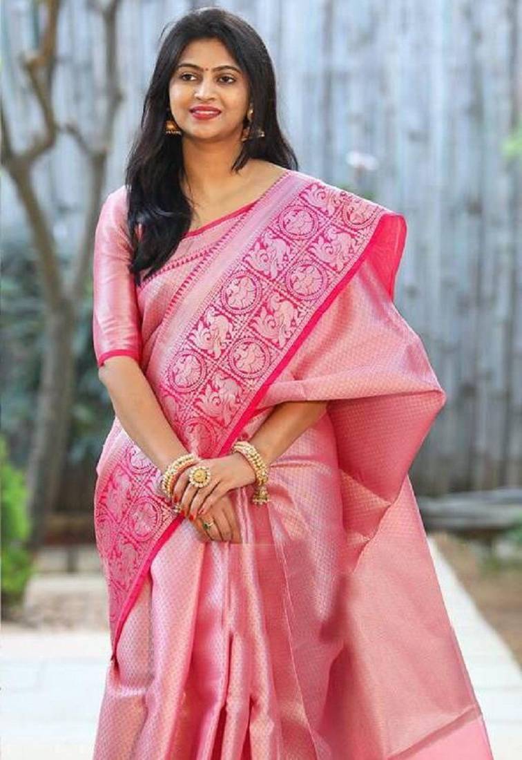 Pink printed banarasi saree with blouse