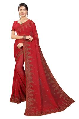 Maroon Embroidered Georgette Saree With Blouse 1