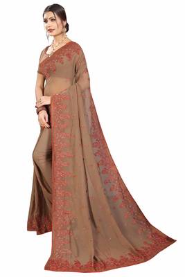 Beige Embroidered Georgette Saree With Blouse 2